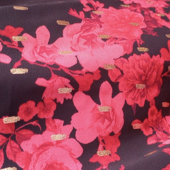 A black and dark red floral printed blouse with gold dotted overlay design. - Picture 3 of 5